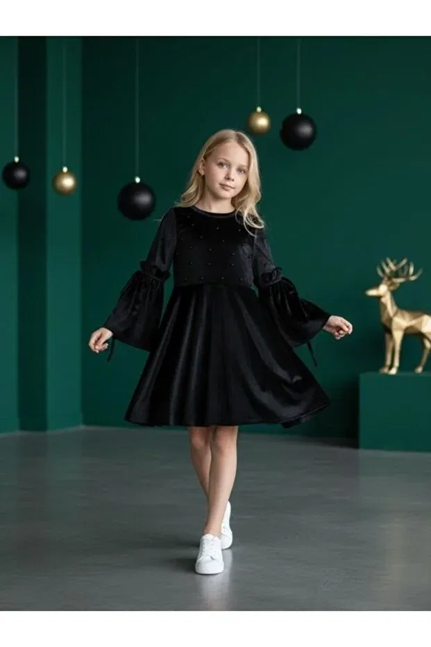 Детское платье для девочек из велюра с длинным рукавом Zekids, Black