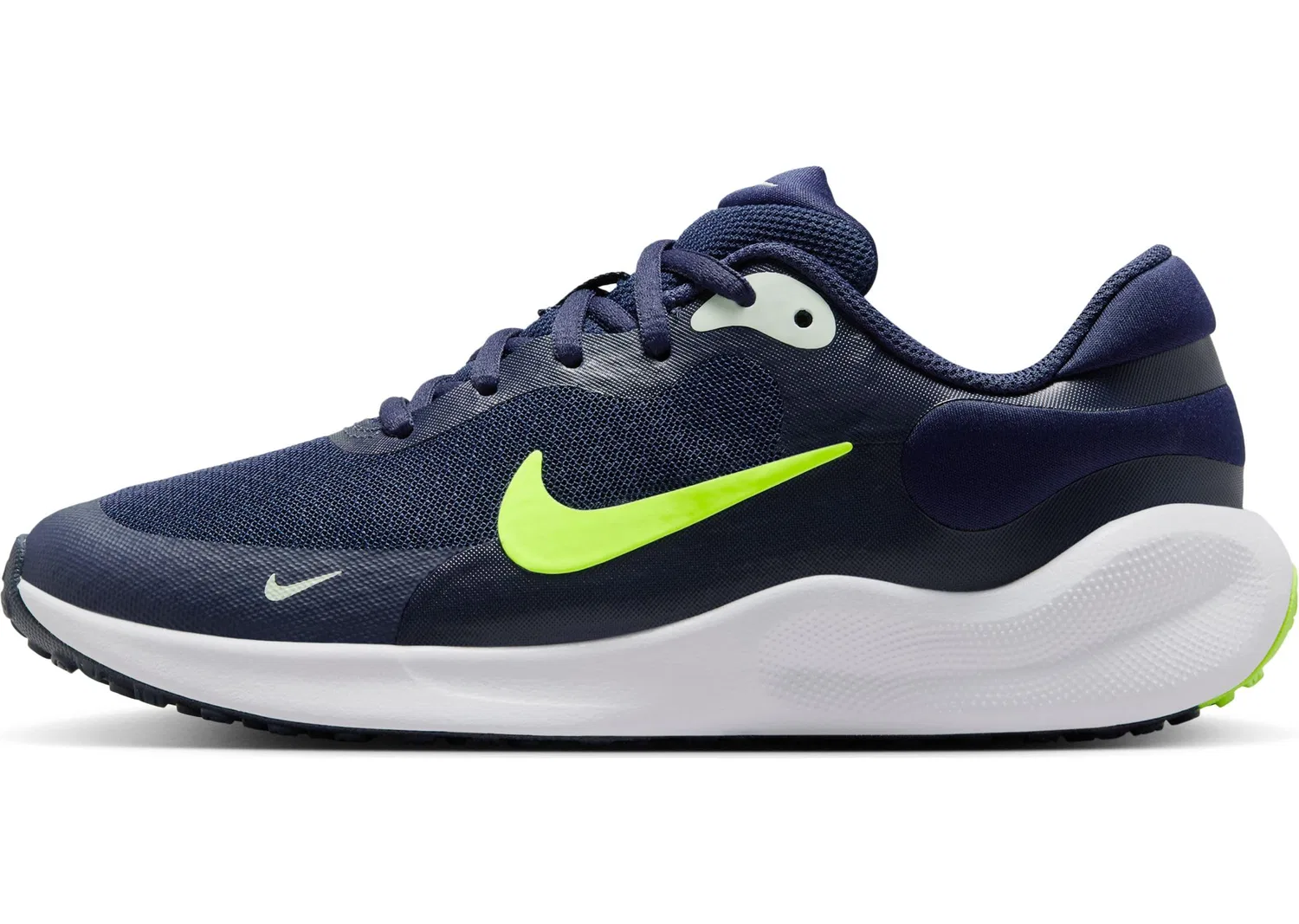 Детские кроссовки для девочек с принтом NIKE Revolution 7 NIKE, Midnight Navy Volt Tint White