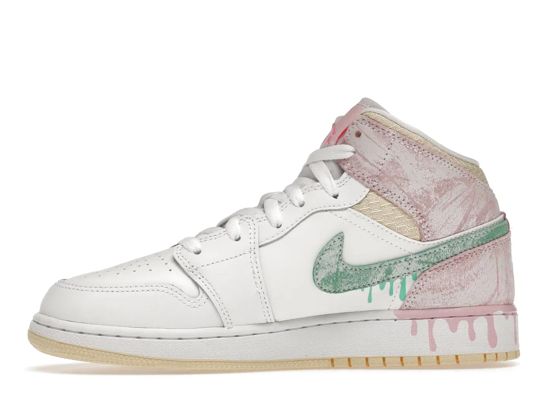 Детские кроссовки с принтом Jordan 1 Mid Paint Drip Jordan, White/Green Glow-Arctic Punch — фото 3