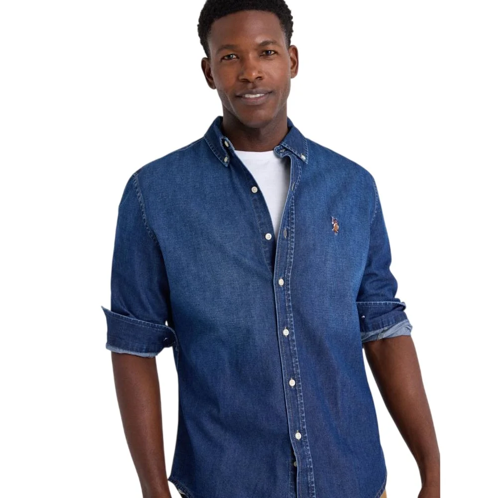 Мужская рубашка U.S. Polo Assn. Long Sleeve Multicolor Logo Denim, темно-синий
