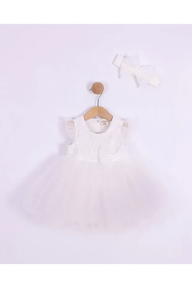 Детское платье из фатина с принтом Flying Butterfly Bow Detail Bandana Serkon Baby, Ecru