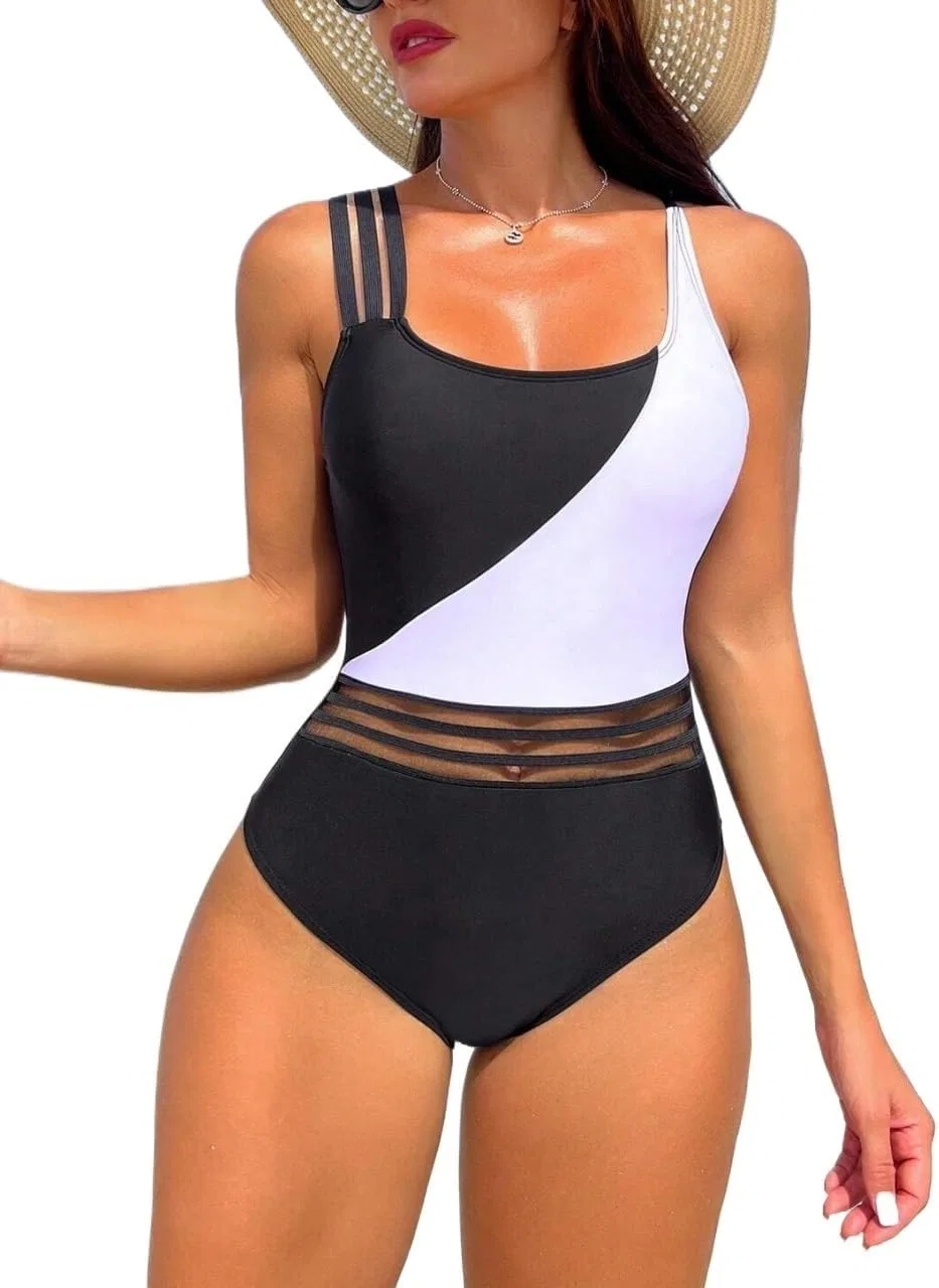 Женский слитный купальник с цветными вставками Monokini, Black and White