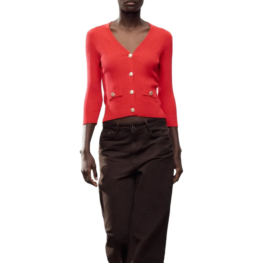 Женский вязаный кардиган с V-образным вырезом, умеренной длины, Red, ZARA — фото 4