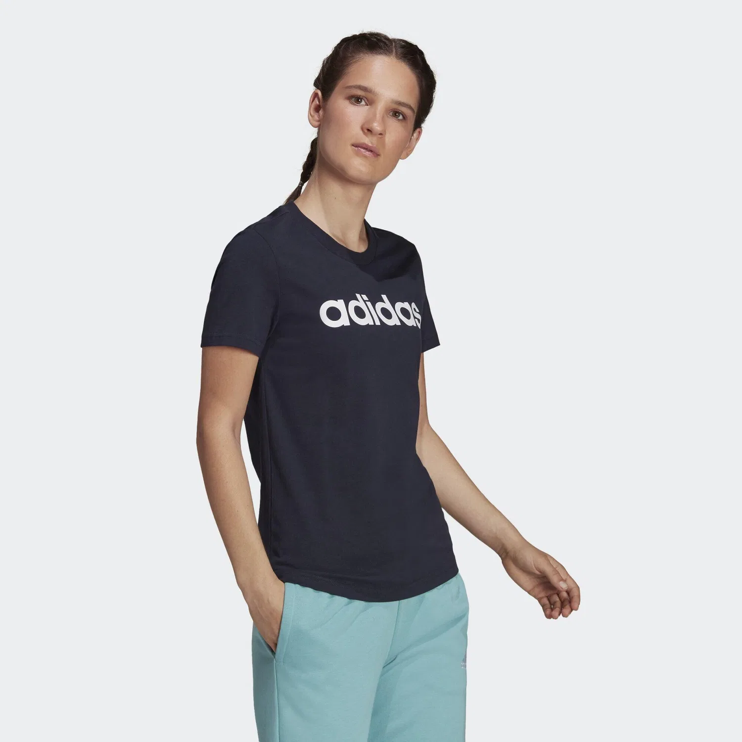 Мужская футболка с коротким рукавом Essentials Slim-T-Shirt с логотипом Adidas, Petrolblau / Weiss — фото 3