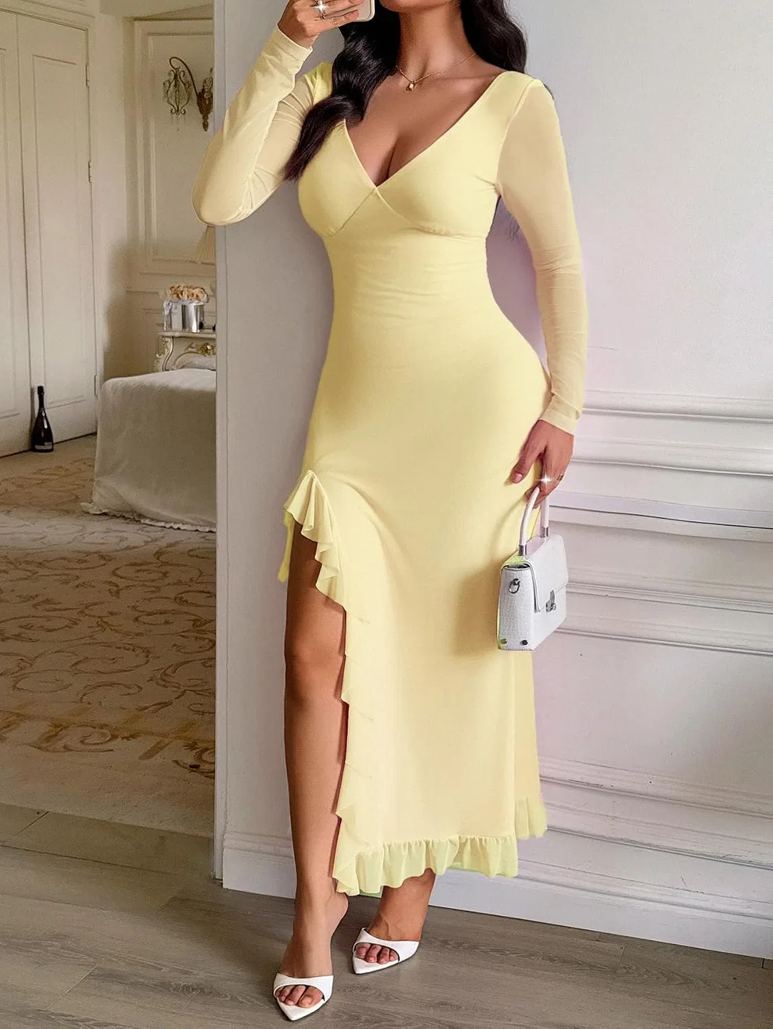 Женское платье с V-образным вырезом и длинным рукавом, Solid, Yellow — фото 3