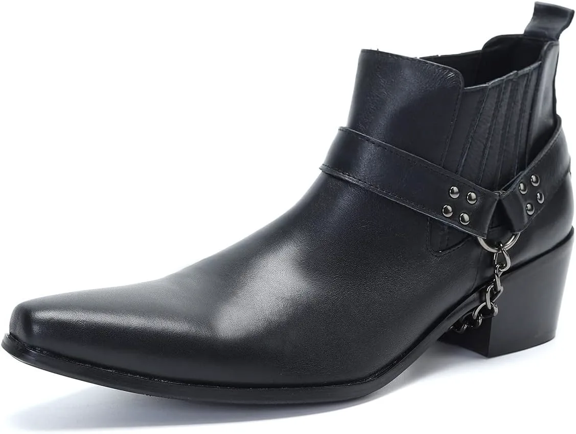 

Мужские повседневные ботинки Santimon Mens с низким голенищем Челси - настоящая кожаная обувь в стиле ковбой с пряжкой и цепочкой для вечеринок, дискотек и свадеб, черный