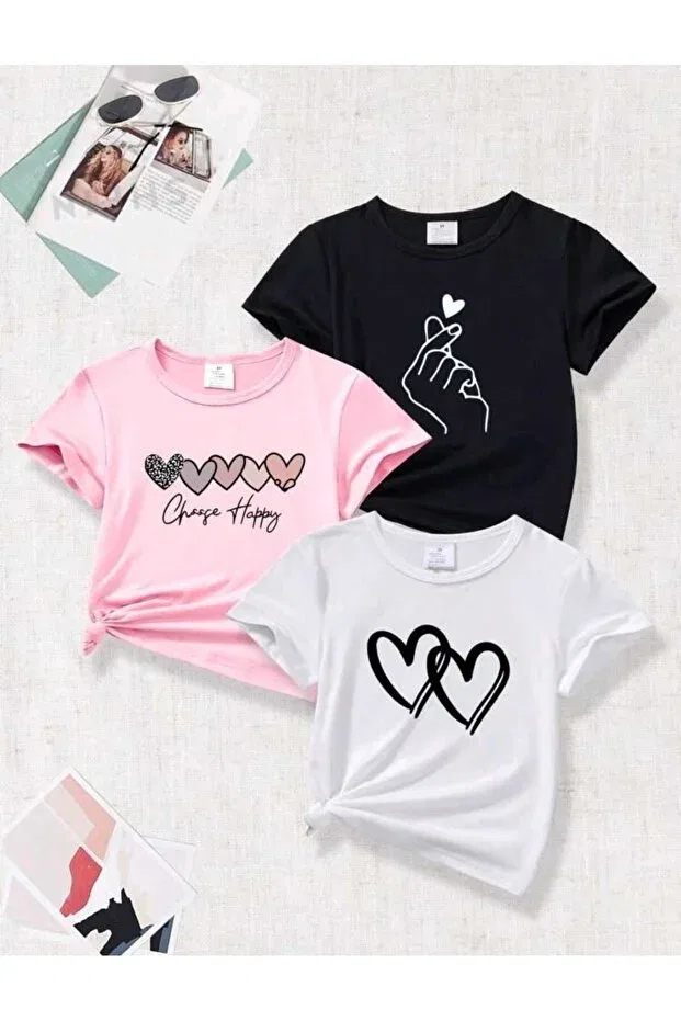 Детский комплект футболок с принтом Favorist, Pink Yellow White Bekind Sweetheart Choosehappy
