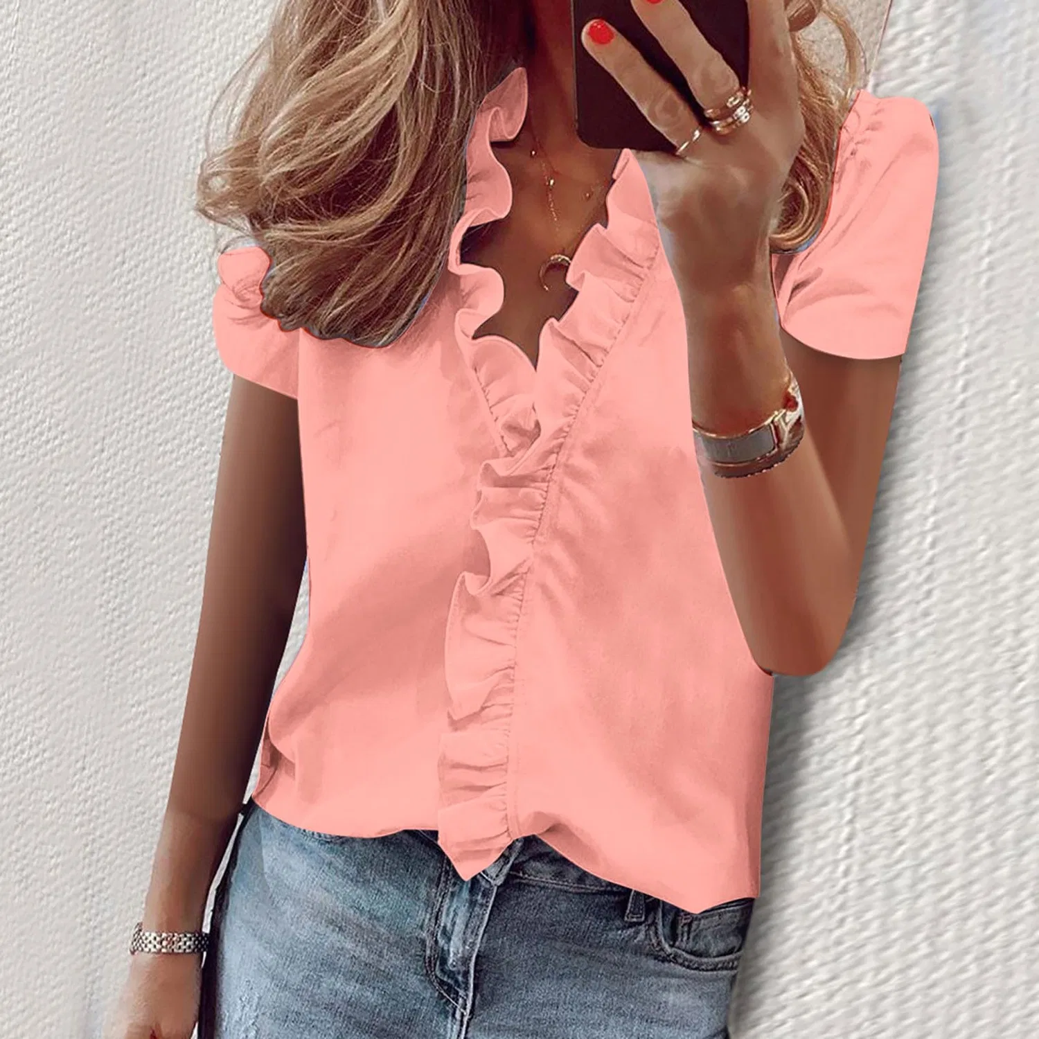 Женская блузка с V-образным вырезом и воланами Elegant Women, хлопковая, Short Sleeve-watermelon Red — фото 2