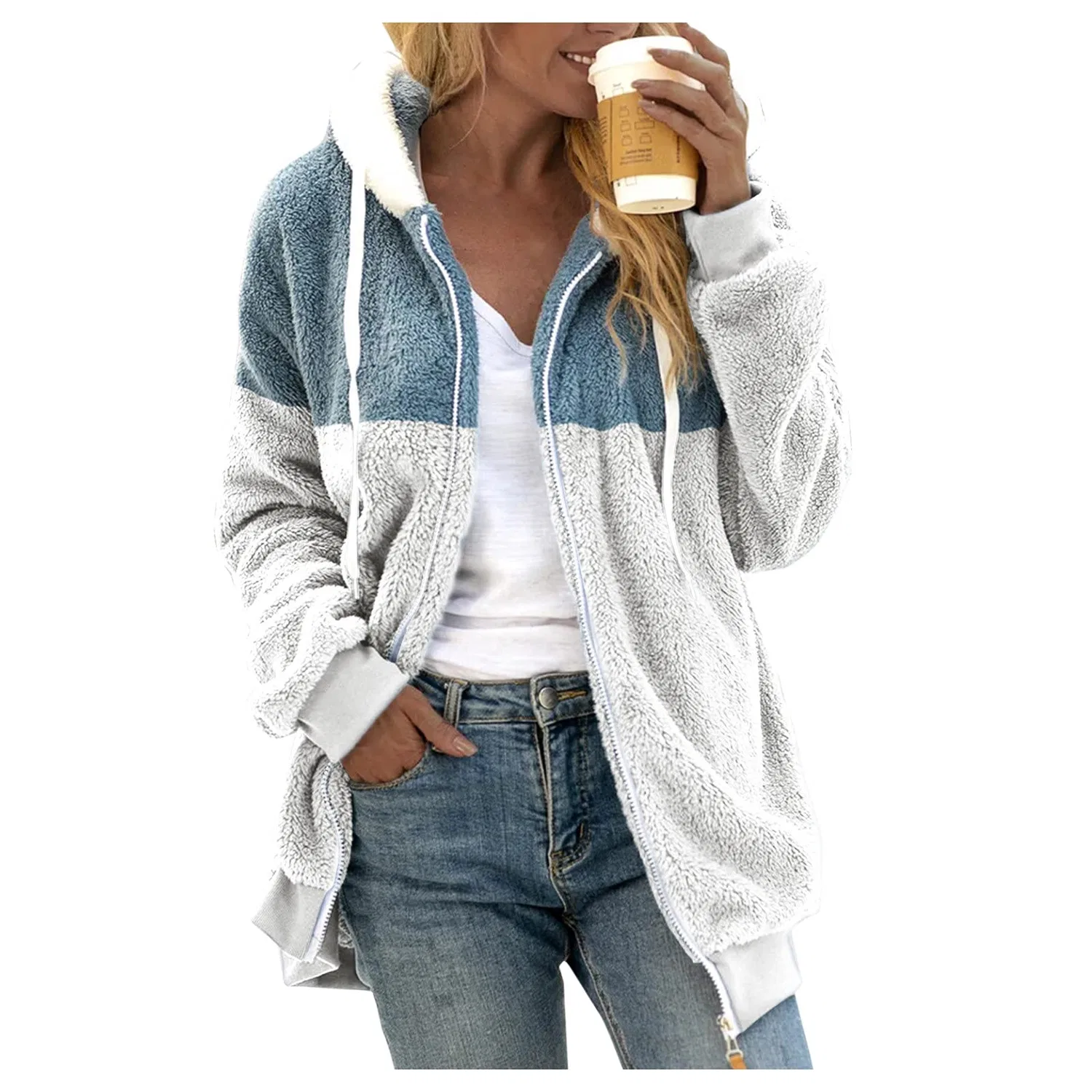 Женское утепленное пальто с капюшоном и мехом, модель Full Zip Fleece Jacket Plus Size, bianco