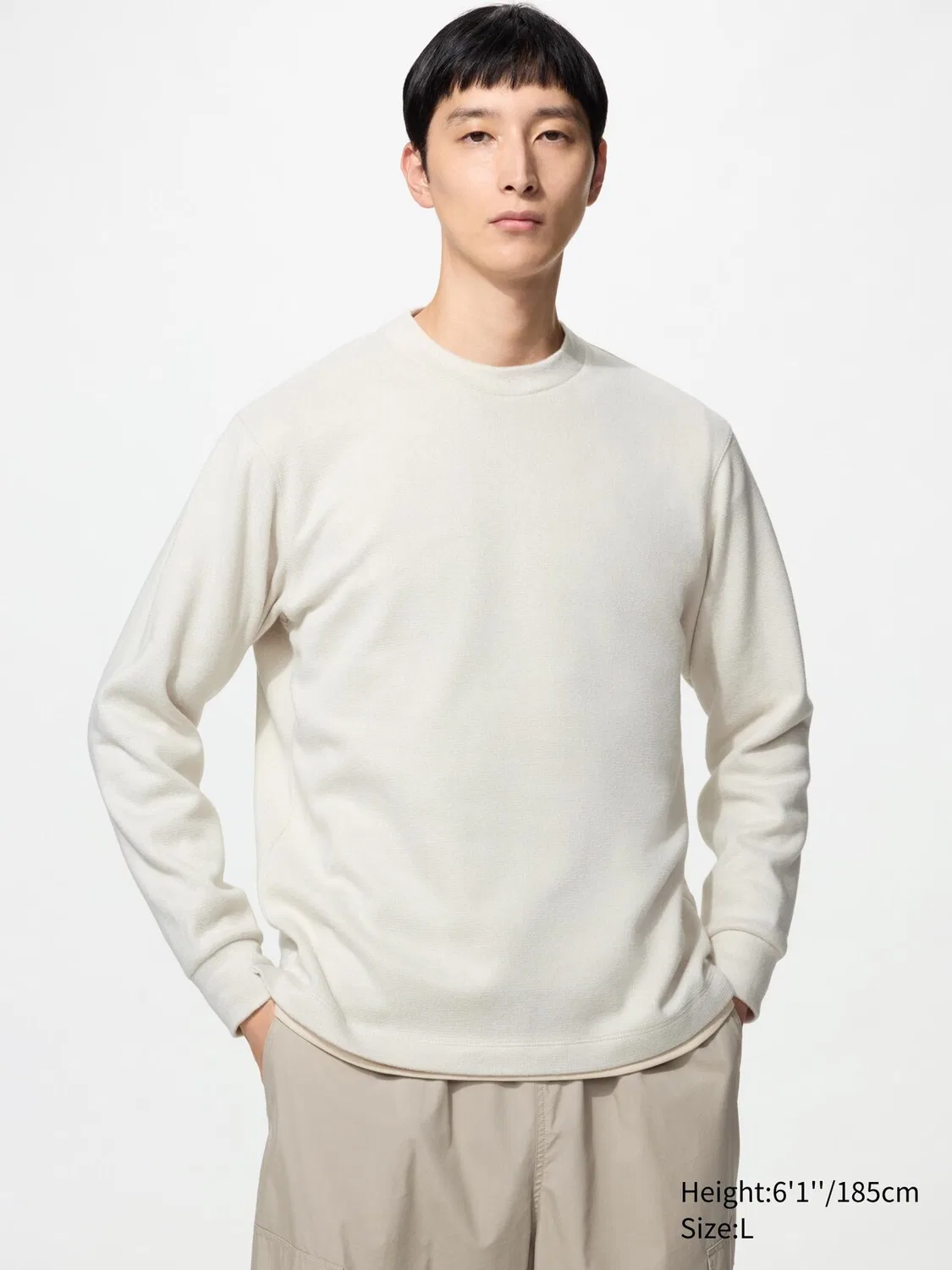 Футболка трикотажная флисовая Uniqlo, с длинным рукавом, кремовый
