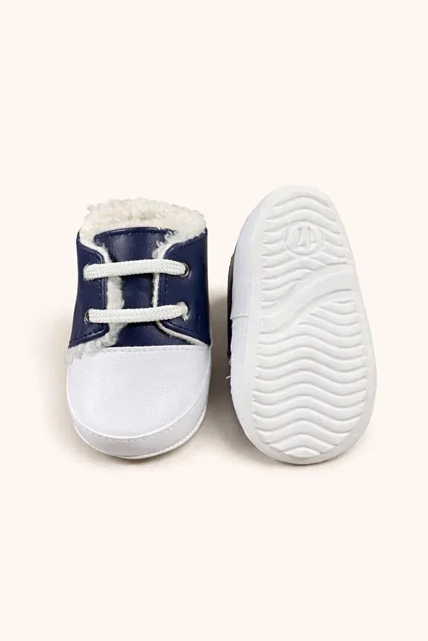 Детские туфли для девочек с кружевной шнуровкой Genuine leather baby shoes, first step shoes, warm baby booties with fur inside Numix Baby Kids, Navy Blue — фото 4