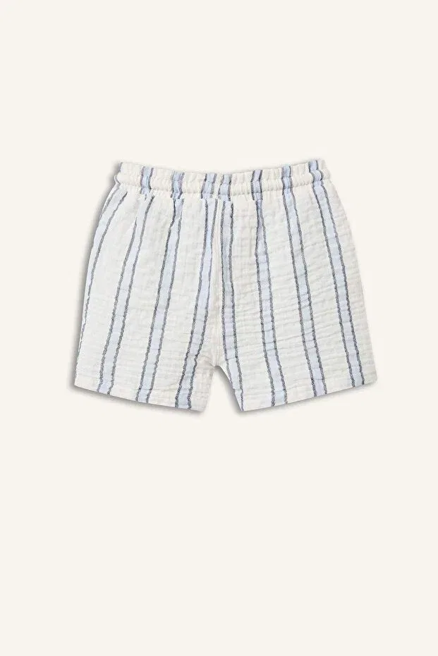 Детские шорты для мальчиков с принтом Elastic Waist Lace-Up Striped Muslin Shorts Defacto, Ecru-Er105 — фото 3