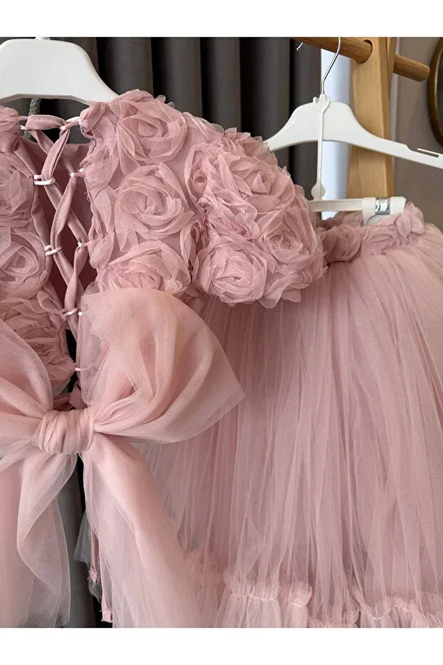 Платье для девочек с принтом Embossed floral tie-detail back drop top & long skirt girls' set with bow detail Baby Aden, Pink — фото 3