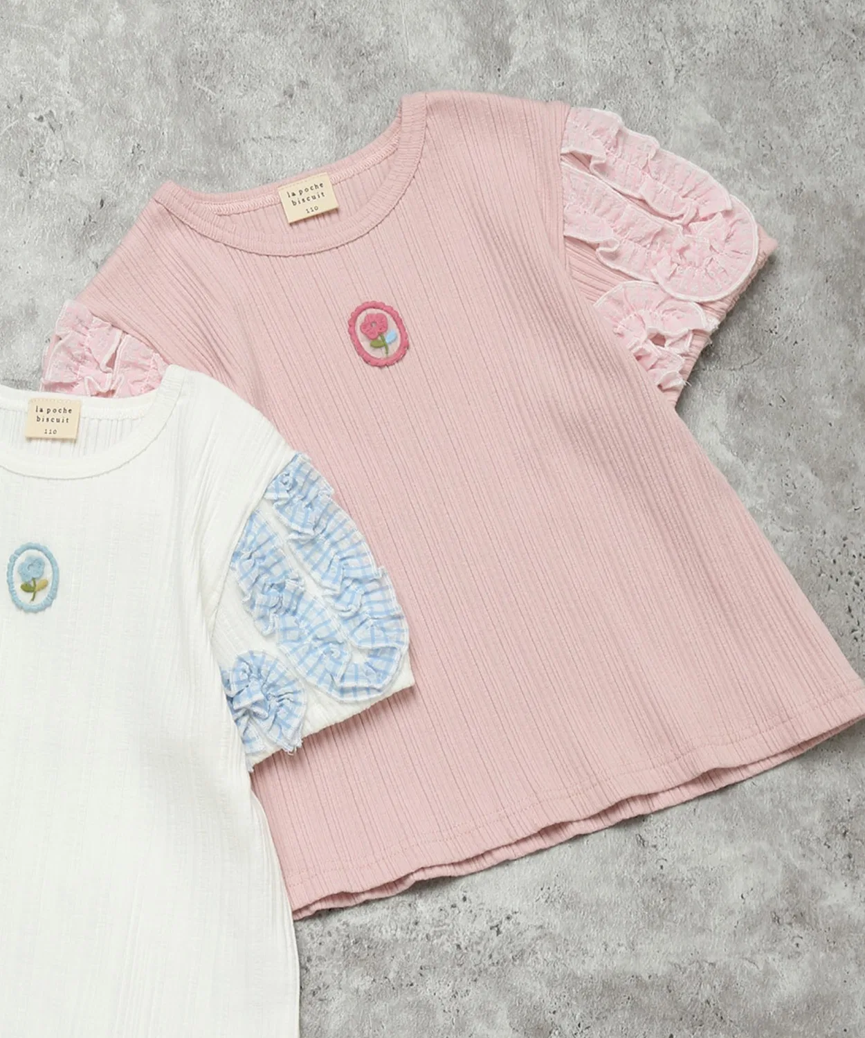 Детская футболка с коротким рукавом с рюшами Check Sleeve Frill la poche biscuit, Pink