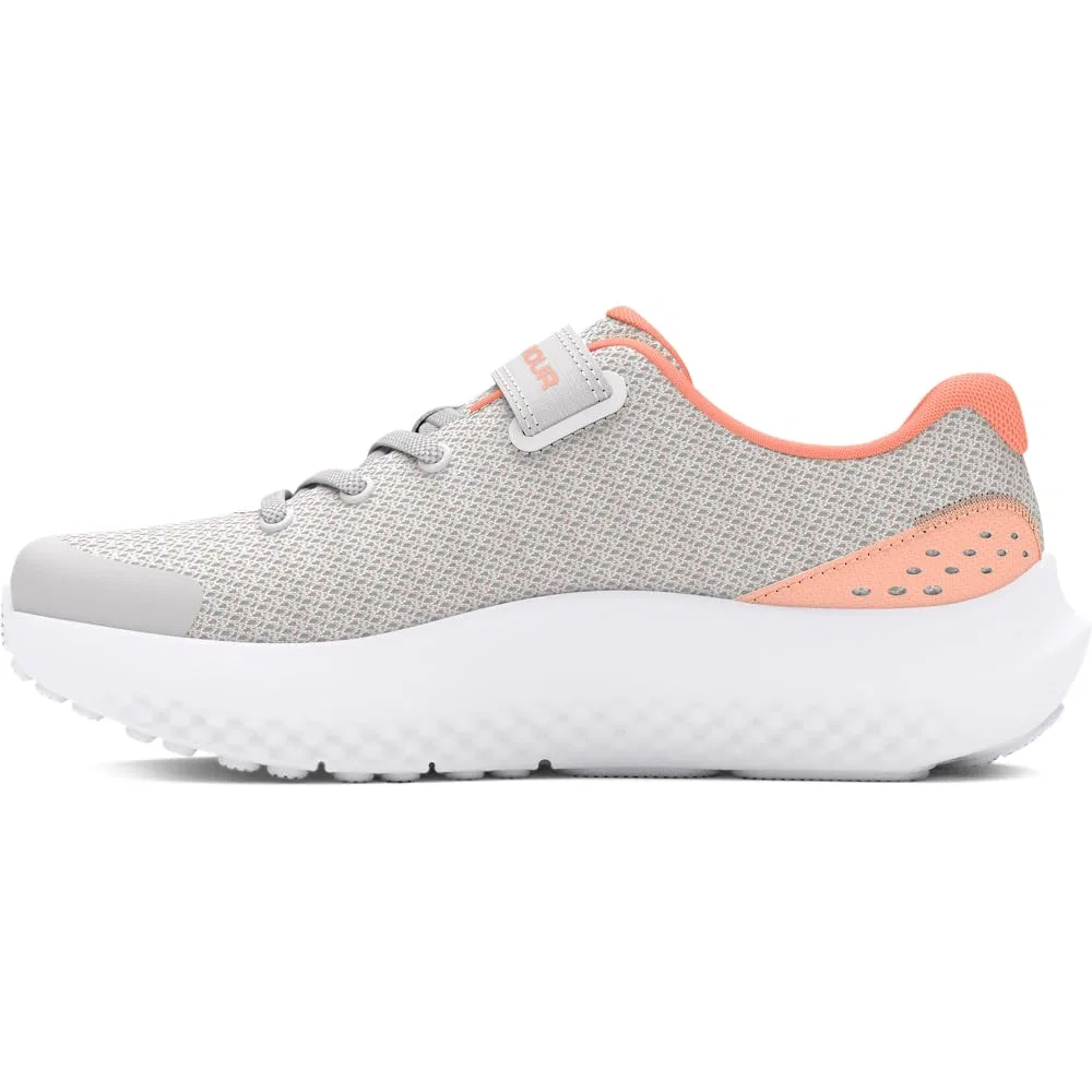 Детские кроссовки для девочек с липучками Pre School Surge 4 Alternate Closure Under Armour, Grey Distant Orange Flare Metallic Silver
