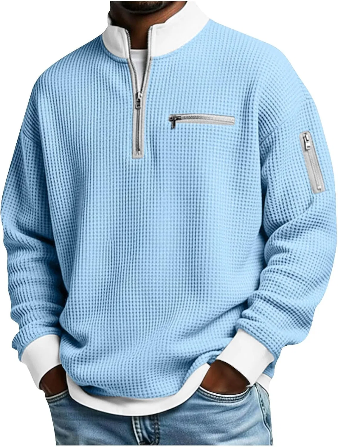 Мужская свободная футболка с воротником-стойкой, патчворк, Light Blue