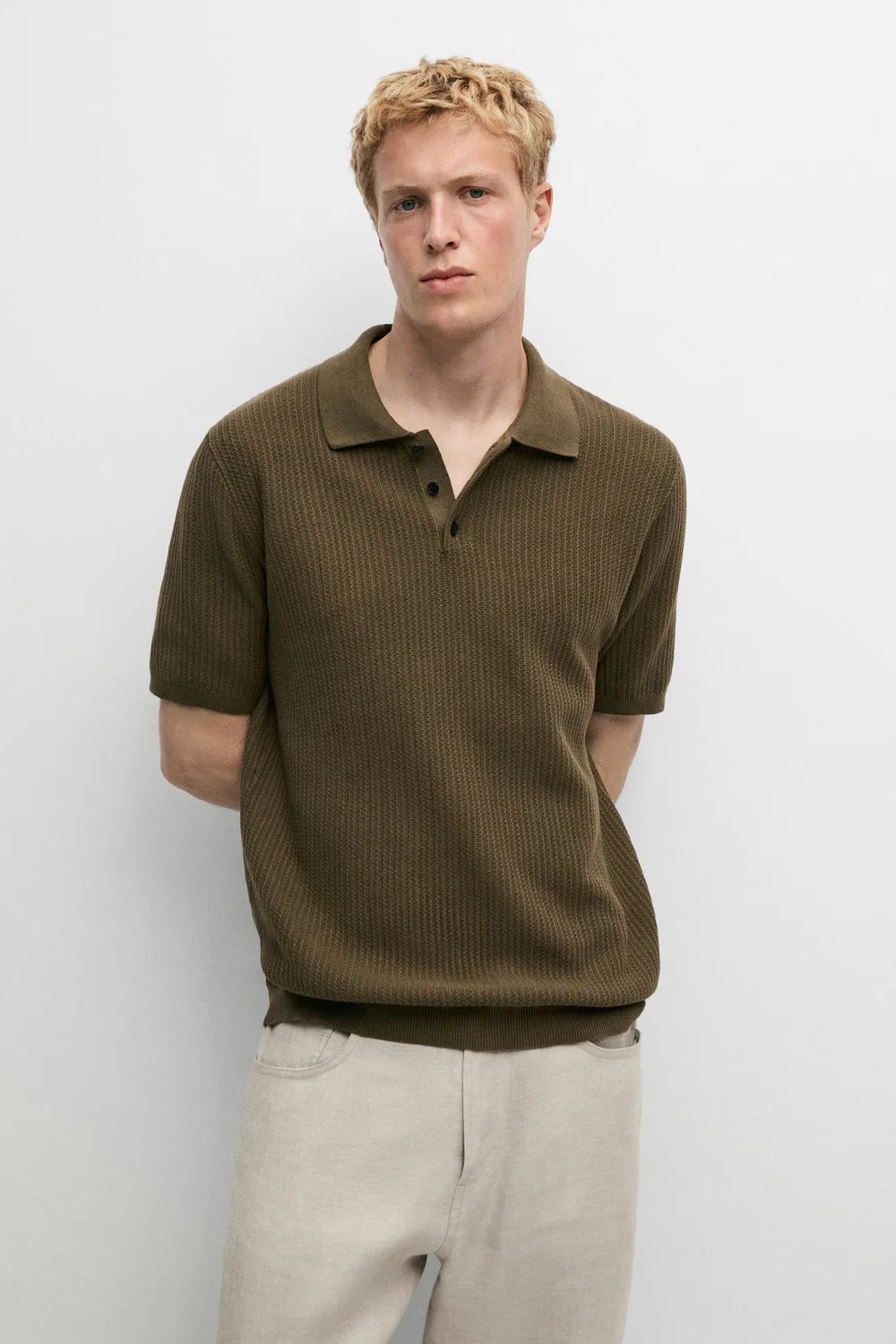 Поло из 100% хлопка, фактурная вязка Massimo Dutti, хаки — фото 2