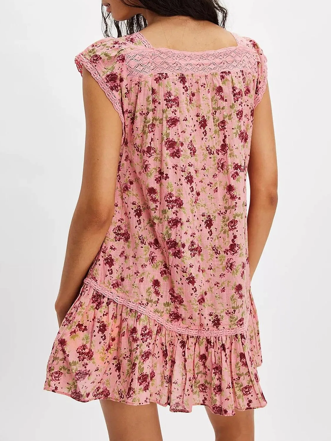 Женское платье-трапеция с принтом, Y2k Floral Ruffle Mini Dress, без рукавов, розовый — фото 3