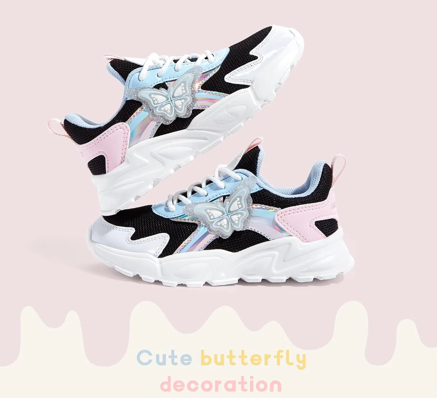 Детские кроссовки для девочек с принтом бабочки LUCKY STEP, Black/Blue — фото 3