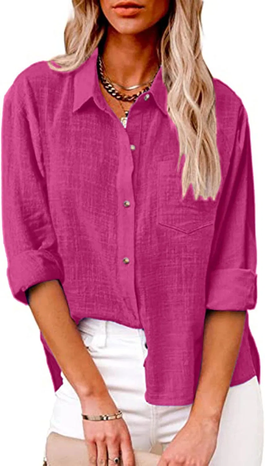 Женская блуза свободного кроя с V-вырезом, Cotton Linen, Hot Pink — фото 2