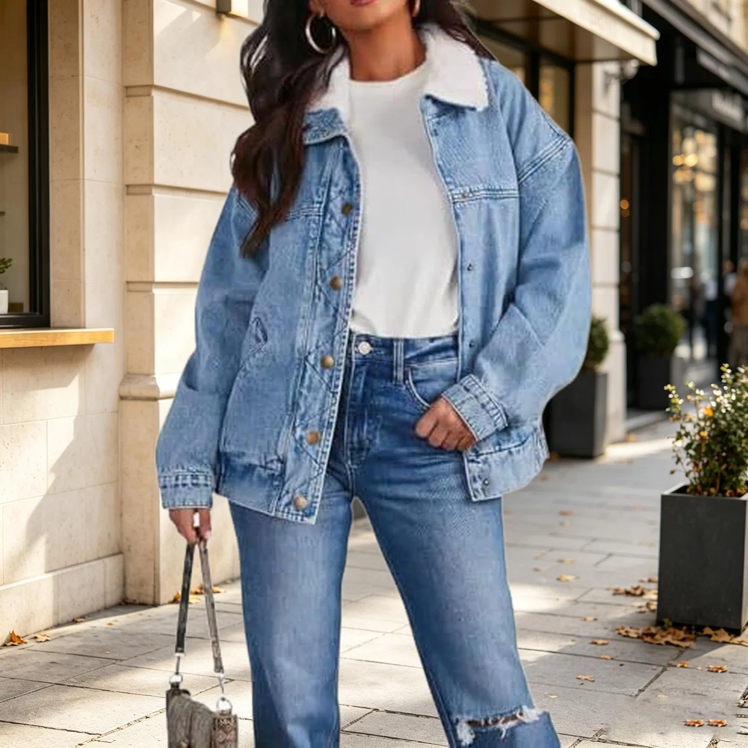 Женское джинсовое пальто oversize с тёплым воротником, Azzurro chiaro — фото 2
