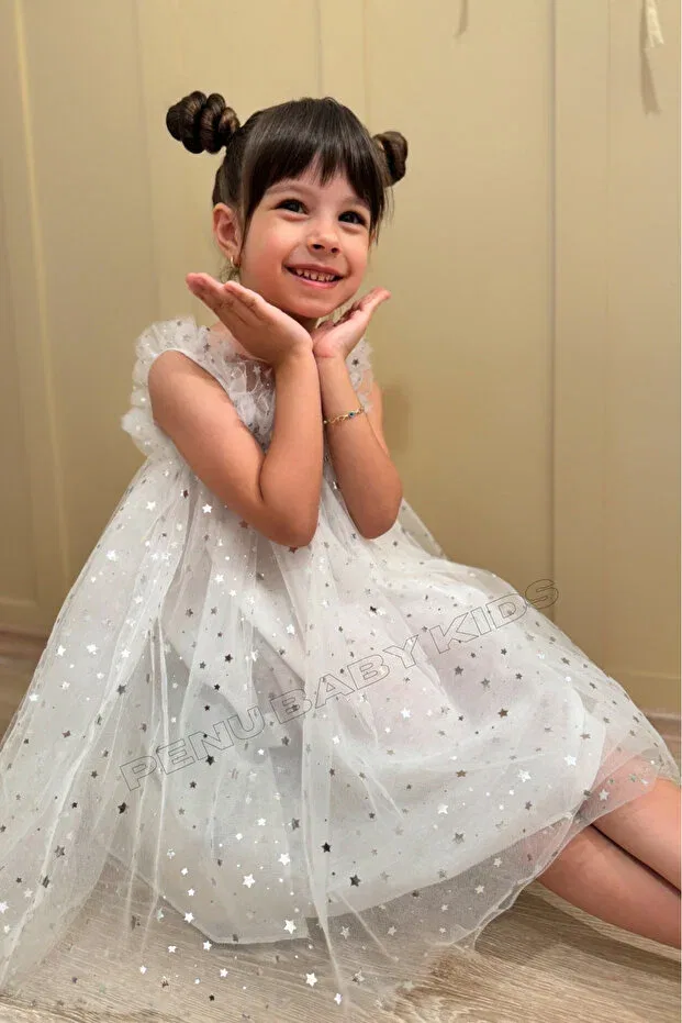 Детское платье для девочек с принтом White strap star printed tulle sleeveless girl's baby girl dress Penu Baby Kids, White — фото 4