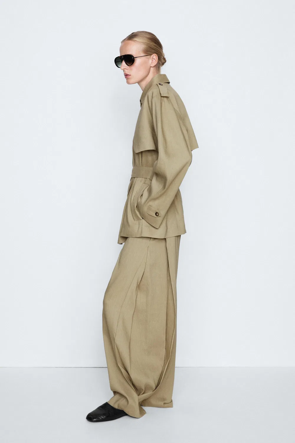 Укороченный тренч Massimo Dutti Studio Linen Blend Coat, бледный хаки — фото 3