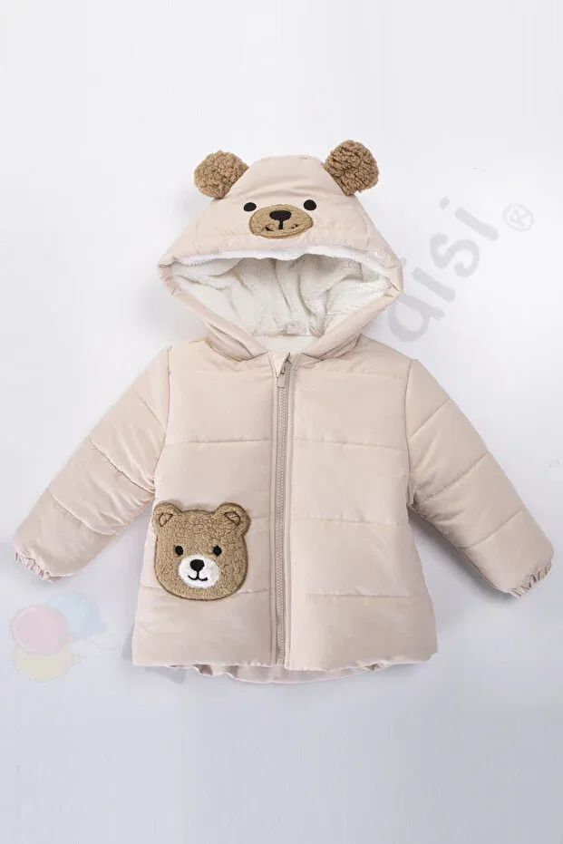 Детское зимнее пальто для девочек с капюшоном Teddy bear plush fur inside zippered quilted hooded snow inflatable winter baby boy coat children's coat Ofislot, Ecru