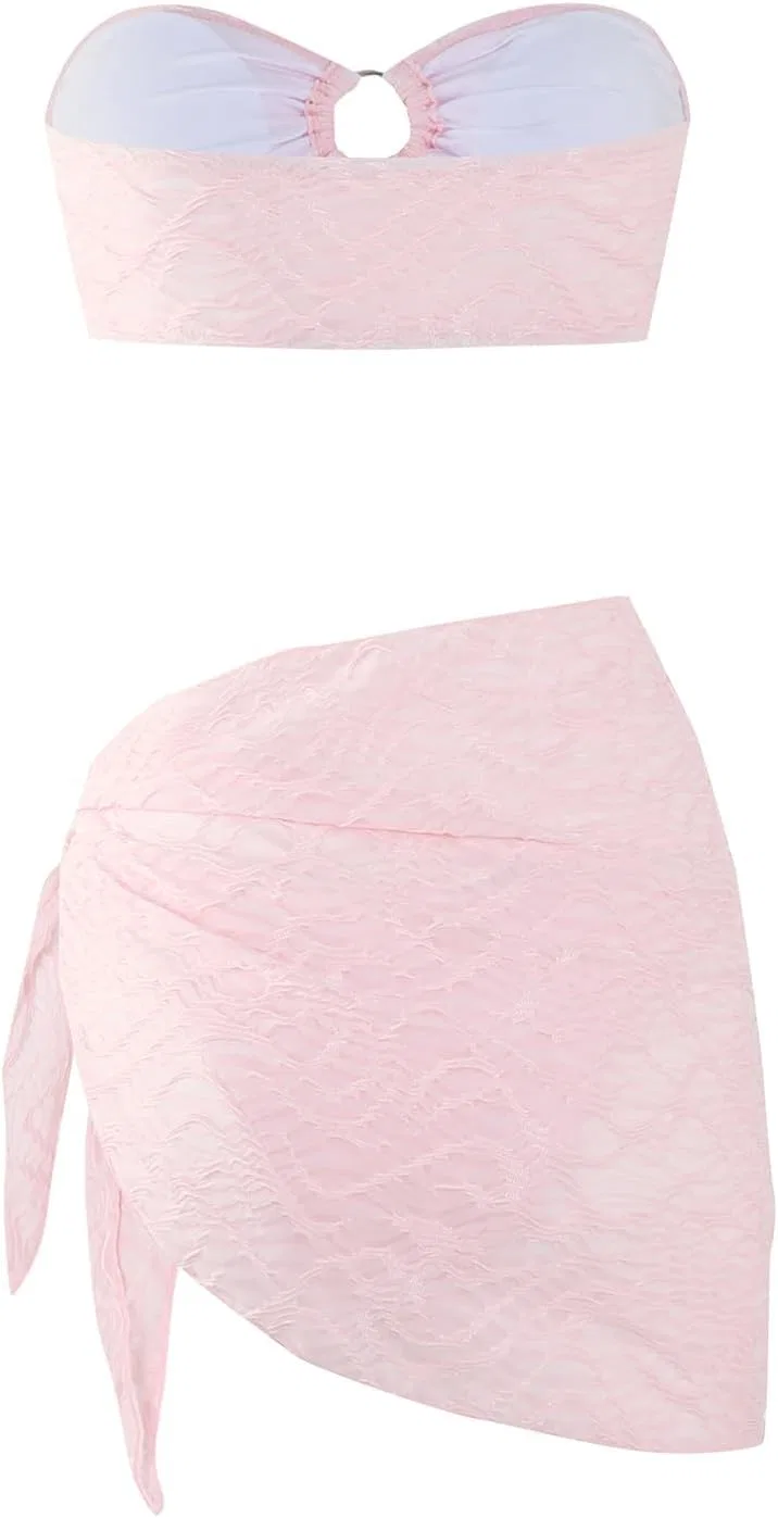 Женский бандо-бикини-сет с юбкой-накидкой, Pink — фото 3