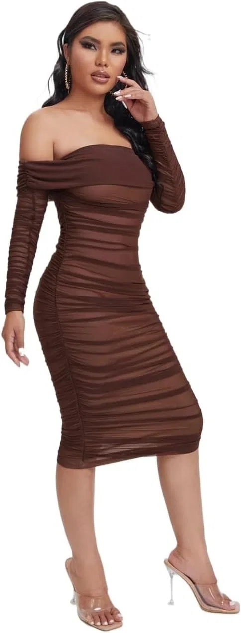 Женское обтягивающее платье с открытыми плечами длинным рукавом Chocolate Brown