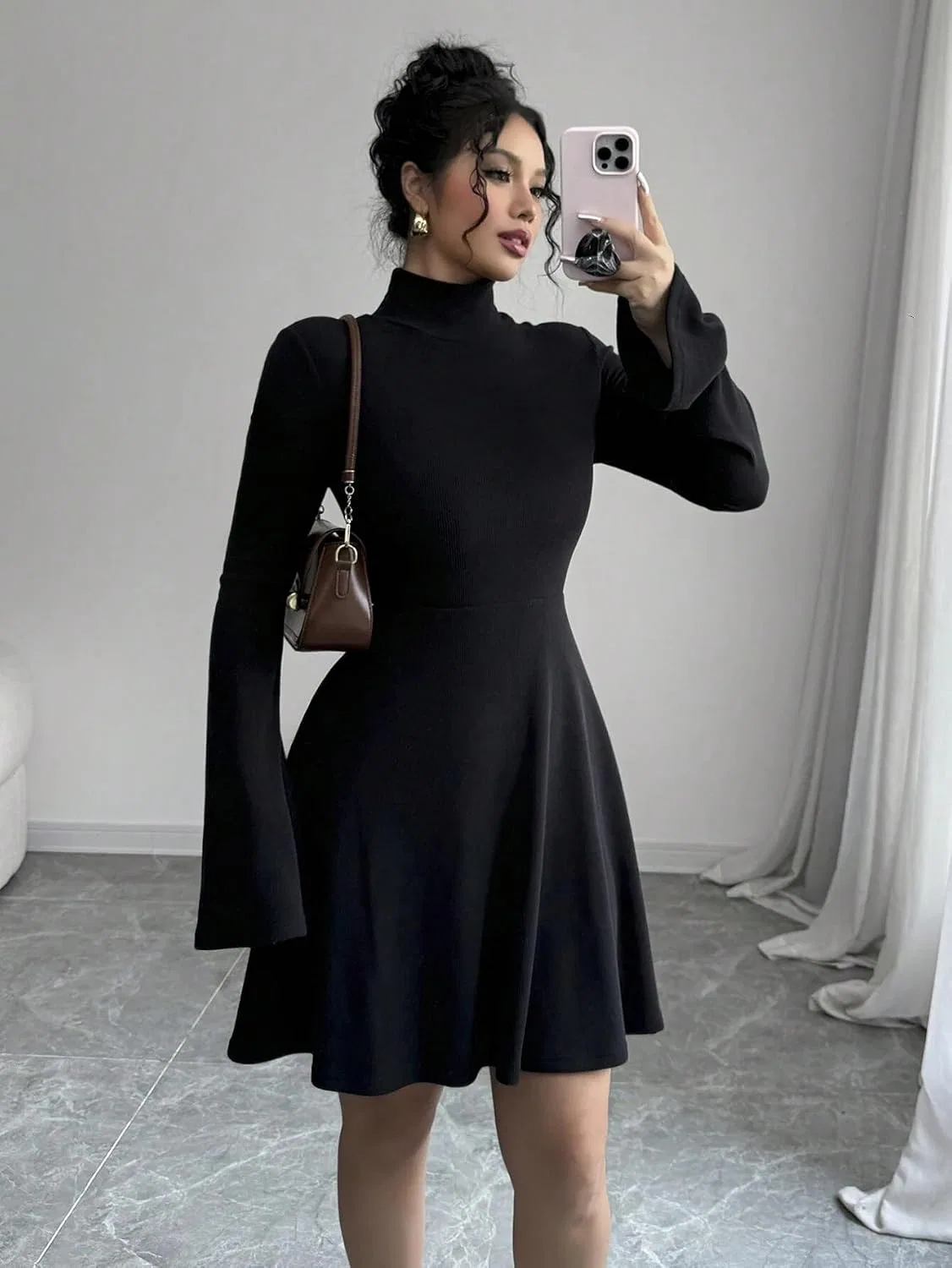 Женское элегантное A-силуэта платье с длинным рукавом, Black — фото 3