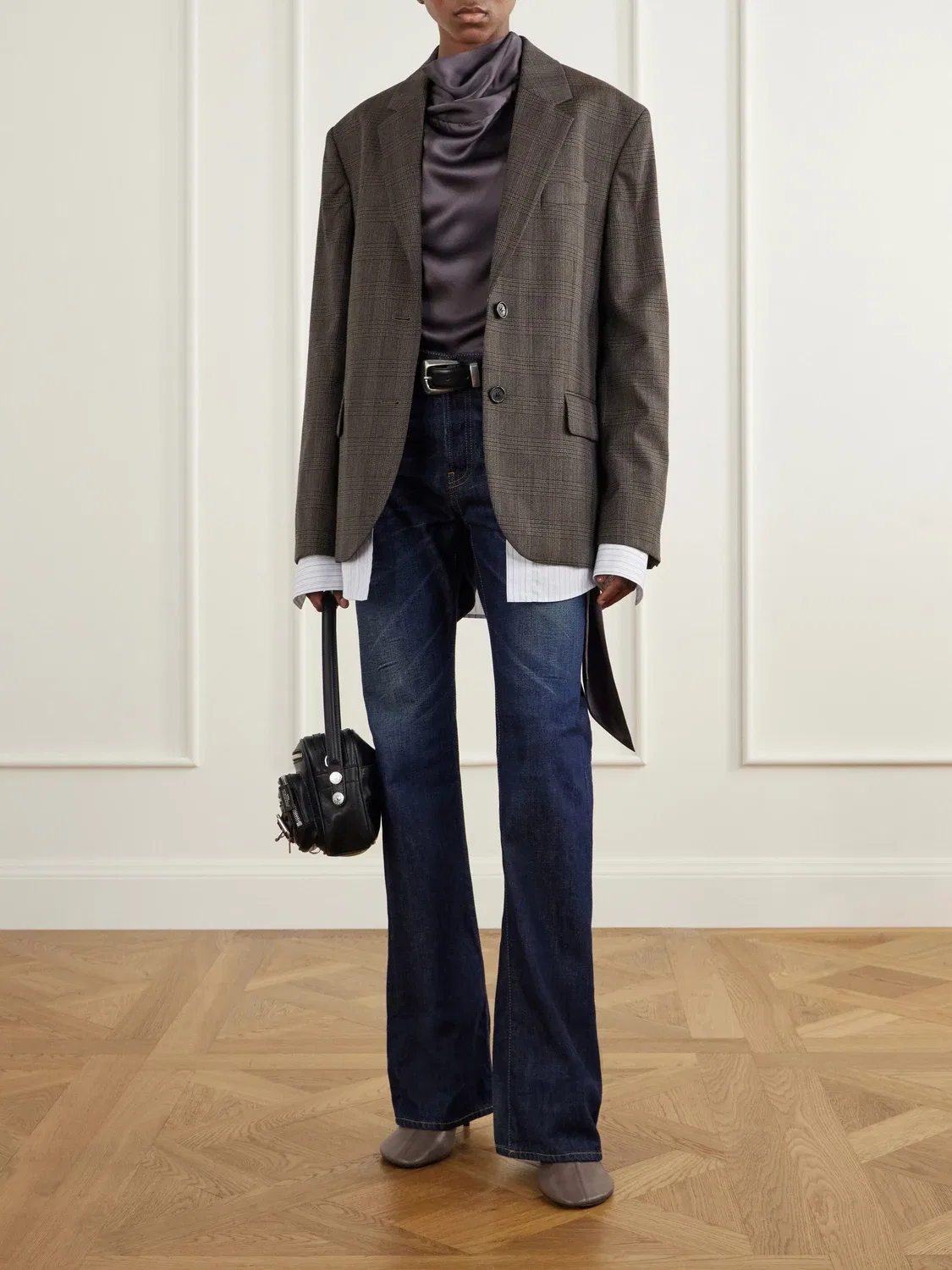 Многослойный клетчатый блейзер из смесовой шерсти Acne Studios, коричневый — фото 2