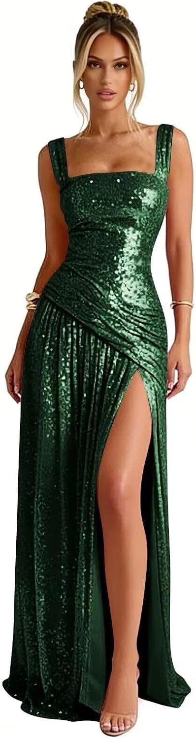 Женское блестящее пайетковое вечернее платье с разрезом, Emerald Green