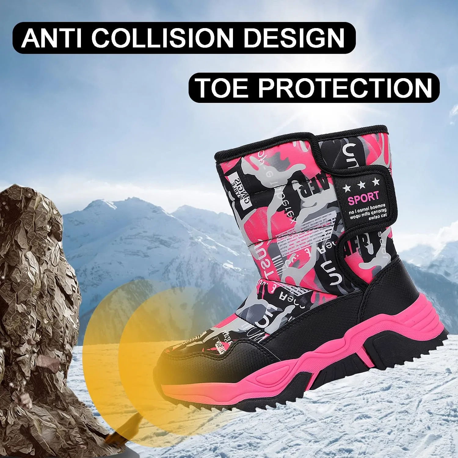 Детские зимние ботинки для девочек и мальчиков с теплой подкладкой FLIOZY, Black/Pink — фото 4