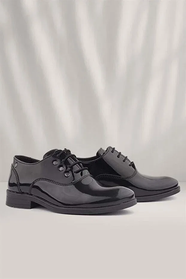 Детские туфли для мальчиков классические Tuxedo black patent leather laced metal detailed children's classic shoes Rakerplus, Черный