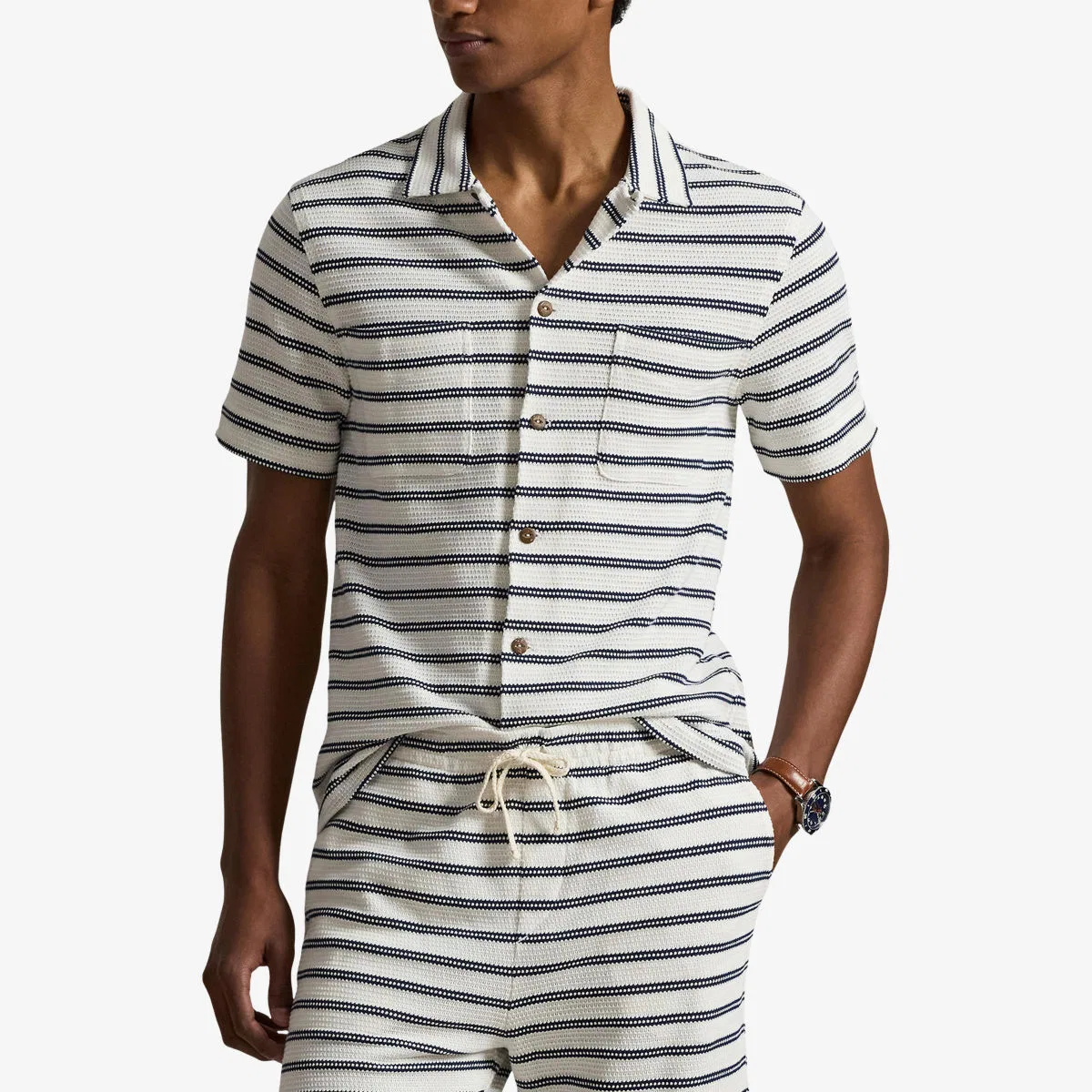 Рубашка из ткани с полосатой ажурной отделкой Polo Ralph Lauren, синий/кремовый — фото 3