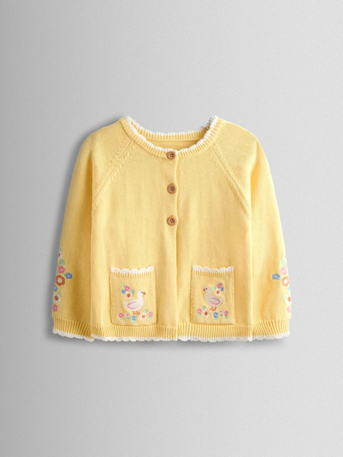 Кардиган с вышивкой и отделкой гребешком, Scallop Edge Embroidered Pocket Cardigan Jojo Maman Bébé, светло-желтый