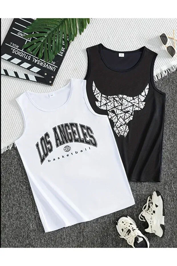 Детский топ для девочек с принтом 2-шт Pack of 2 girls/boys printed combed cotton athlete with straps tshirt sleeveless crew neck Baxia, White