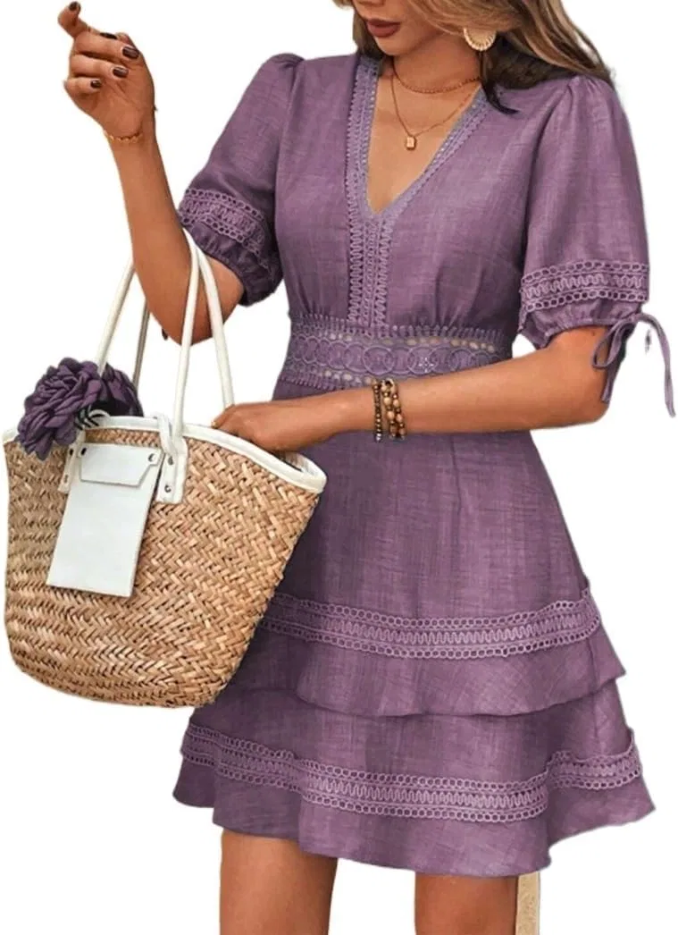 Женское повседневное платье A-силуэта с кружевом и воланами, Mauve Purple
