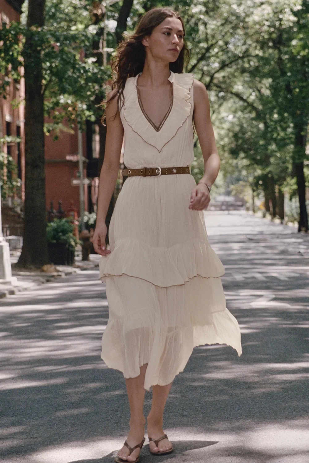 Платье миди с оборками и поясом ZARA, Pale pink