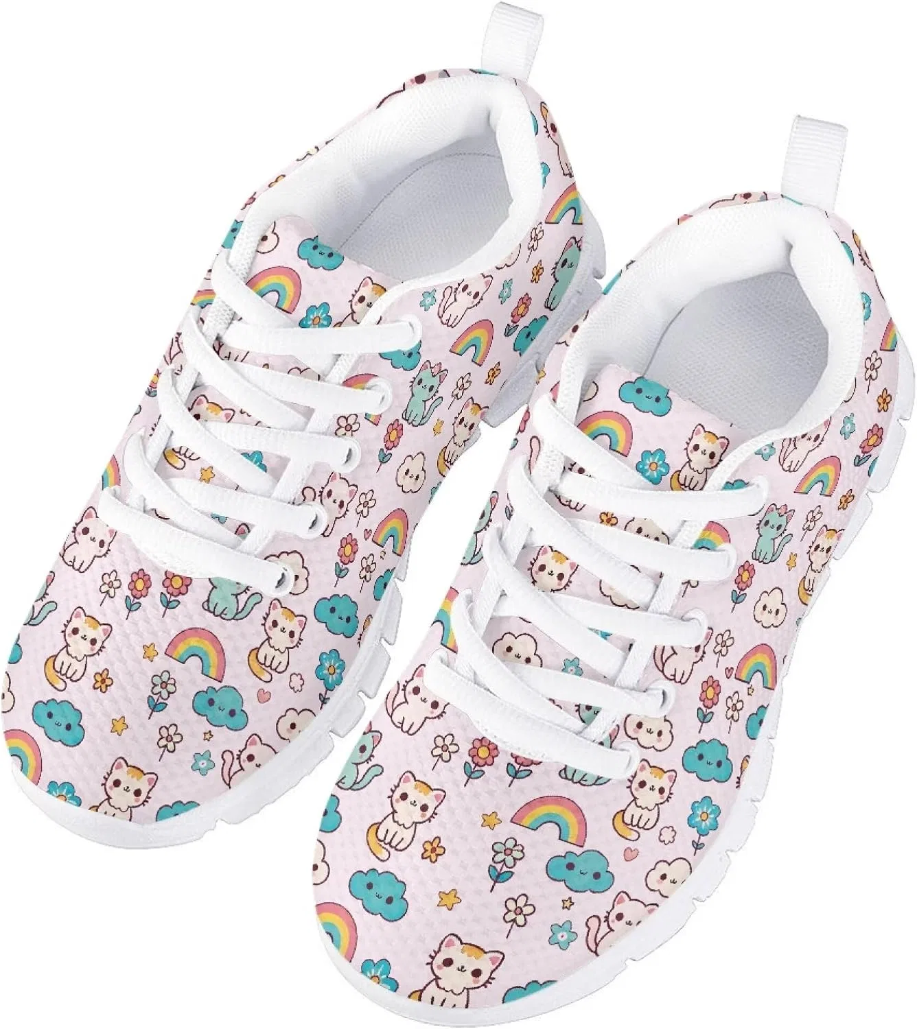 Детские кроссовки для девочек с принтом Fowototi, Pink Rainbow Floral Cat — фото 3