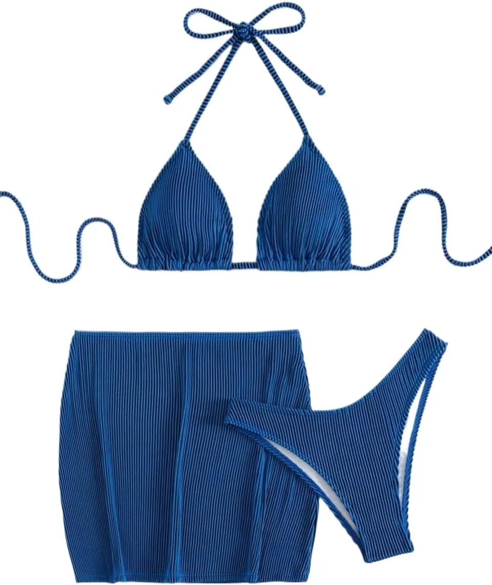 Женский бикини-сет с завязками на шее и спине, 3 предмета, Royal Blue — фото 4