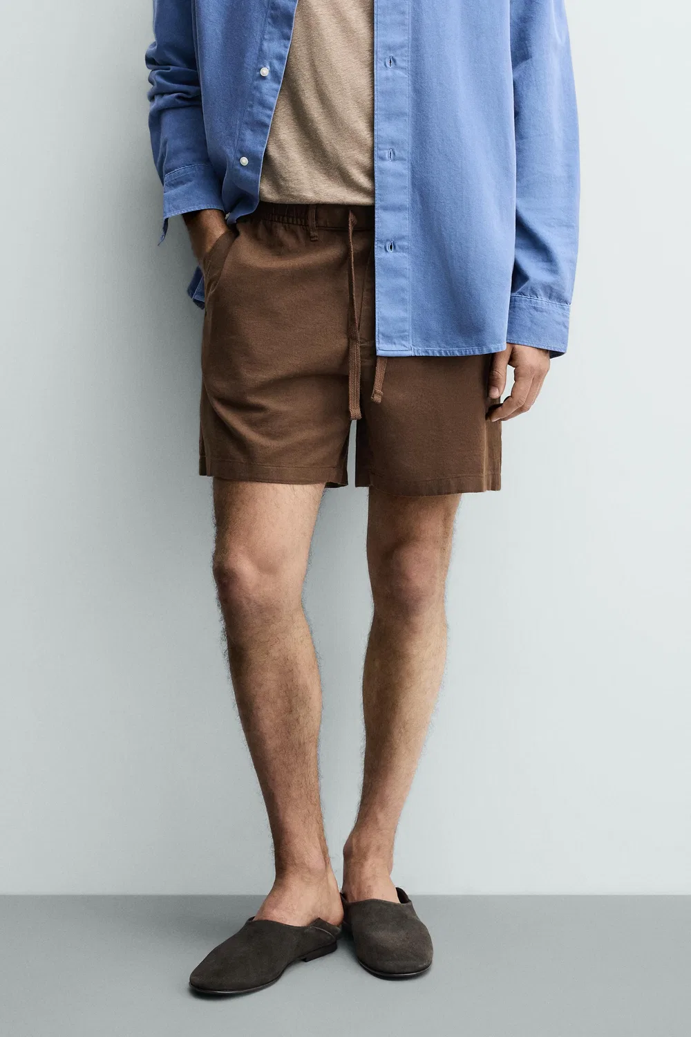 Хлопковые/льняные шорты-бермуды свободного кроя ZARA, Brown — фото 2