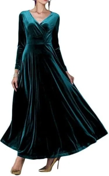 Женское вечернее платье из велюра V-образным вырезом, Long Sleeve, Elegant Sweep, Lyons Blue