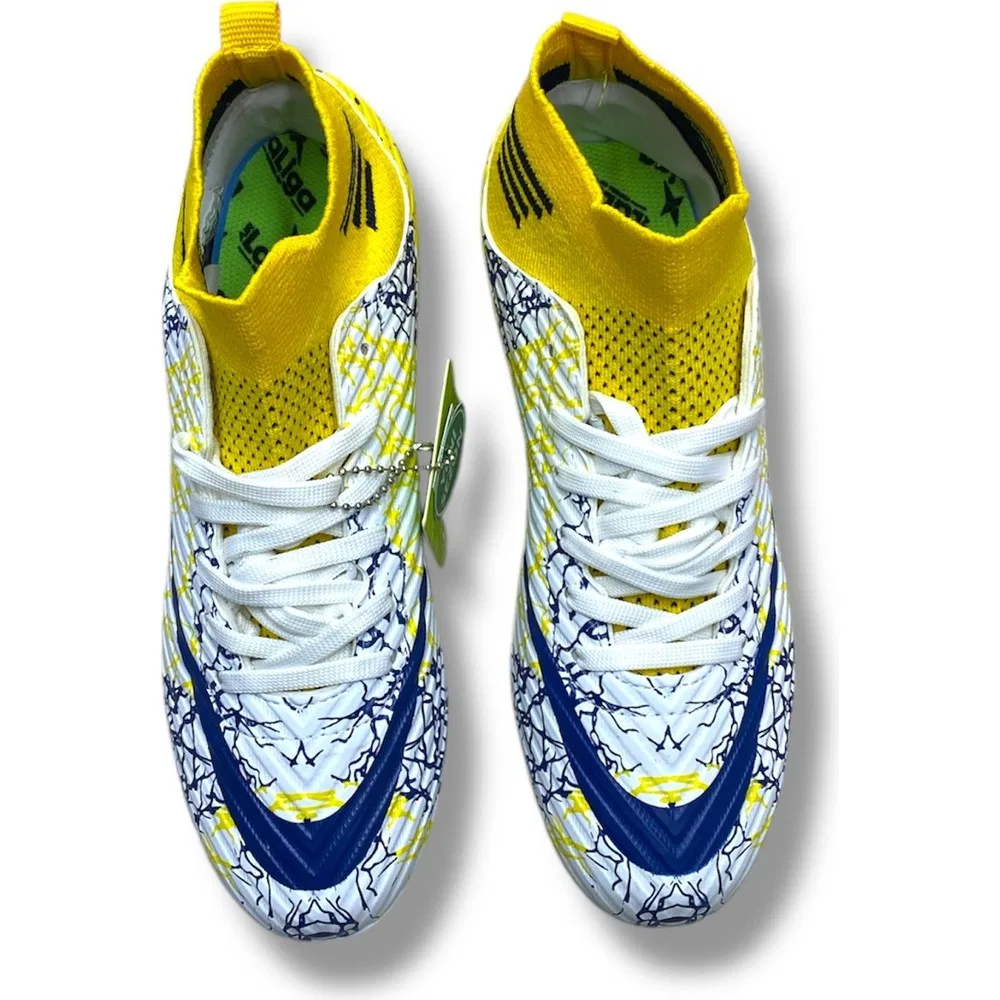 Детские футзальные кроссовки с носком, искусственная кожа, White Yellow Navy Pattern Laliga — фото 2