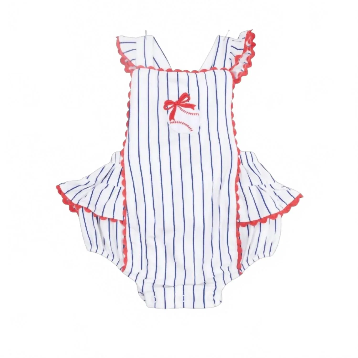 Детский комбинезон-солнцезащитный с принтом в полоску и оборками Ric Rac Baseball Stripe Angel Dear, White