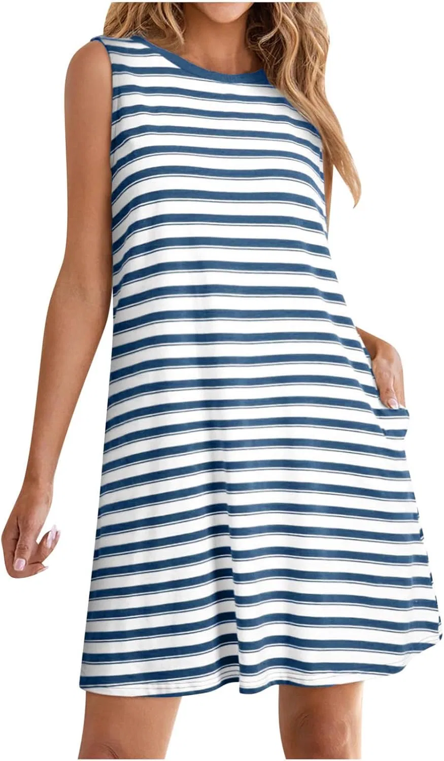 Женское мини-платье свободного кроя с карманами, Striped Print, Mint Green