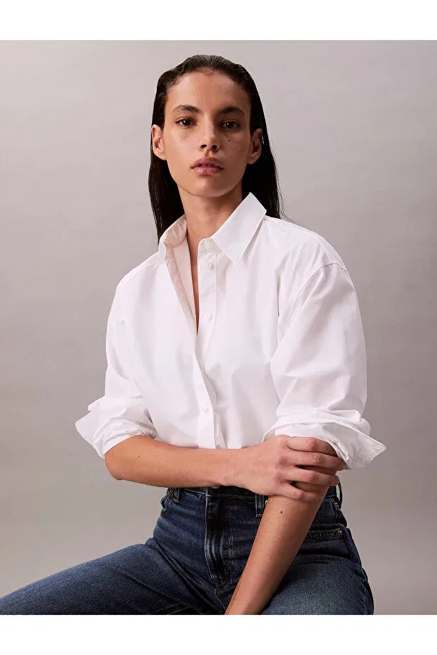 Женская хлопковая рубашка с длинным рукавом Calvin Klein, White — фото 3