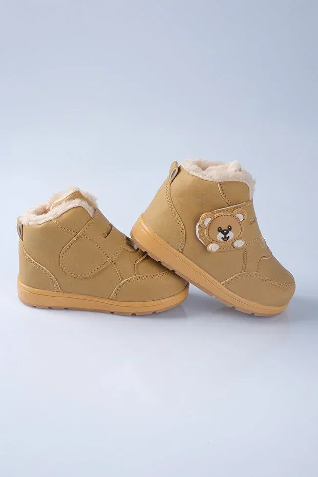 Детские ботинки для девочек с мехом Teddy bear detailed furry unisex children's baby boots cat Bebek Sepeti, Желтый — фото 3