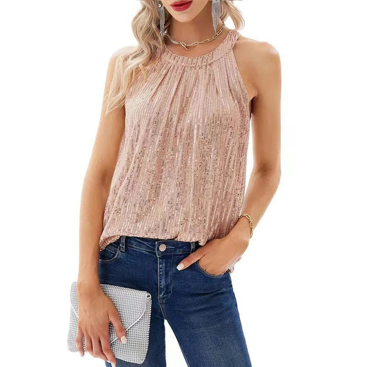 Женский жилет с пайетками с принтом, модель Gilet con Paillettes microelastico con Reggicalze in Paillettes microelastiche da Donna, Nuovo Stile Estivo Europeo e Americano-Rosa Rosso-XL, Rosa Rossa — фото 3